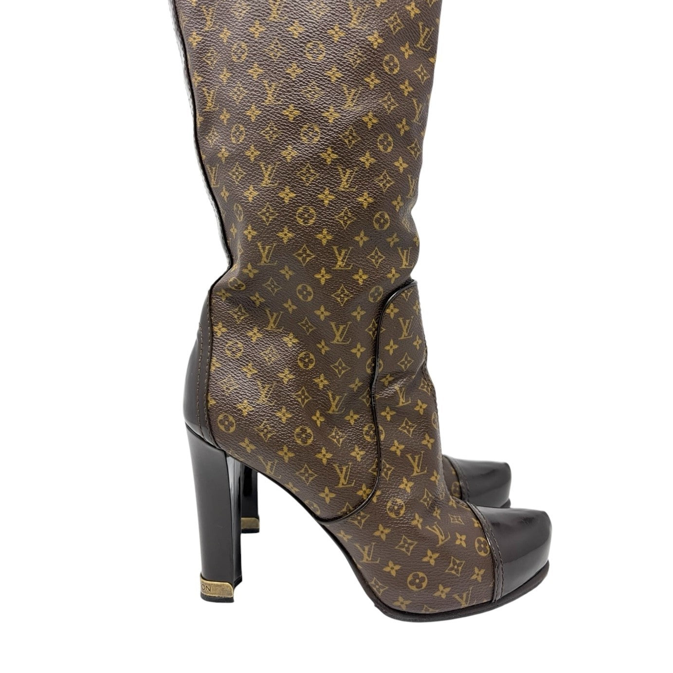 LOUIS VUITTON Vintage LV Monogram Long Boots #36.5 Heels Brown Black 902562