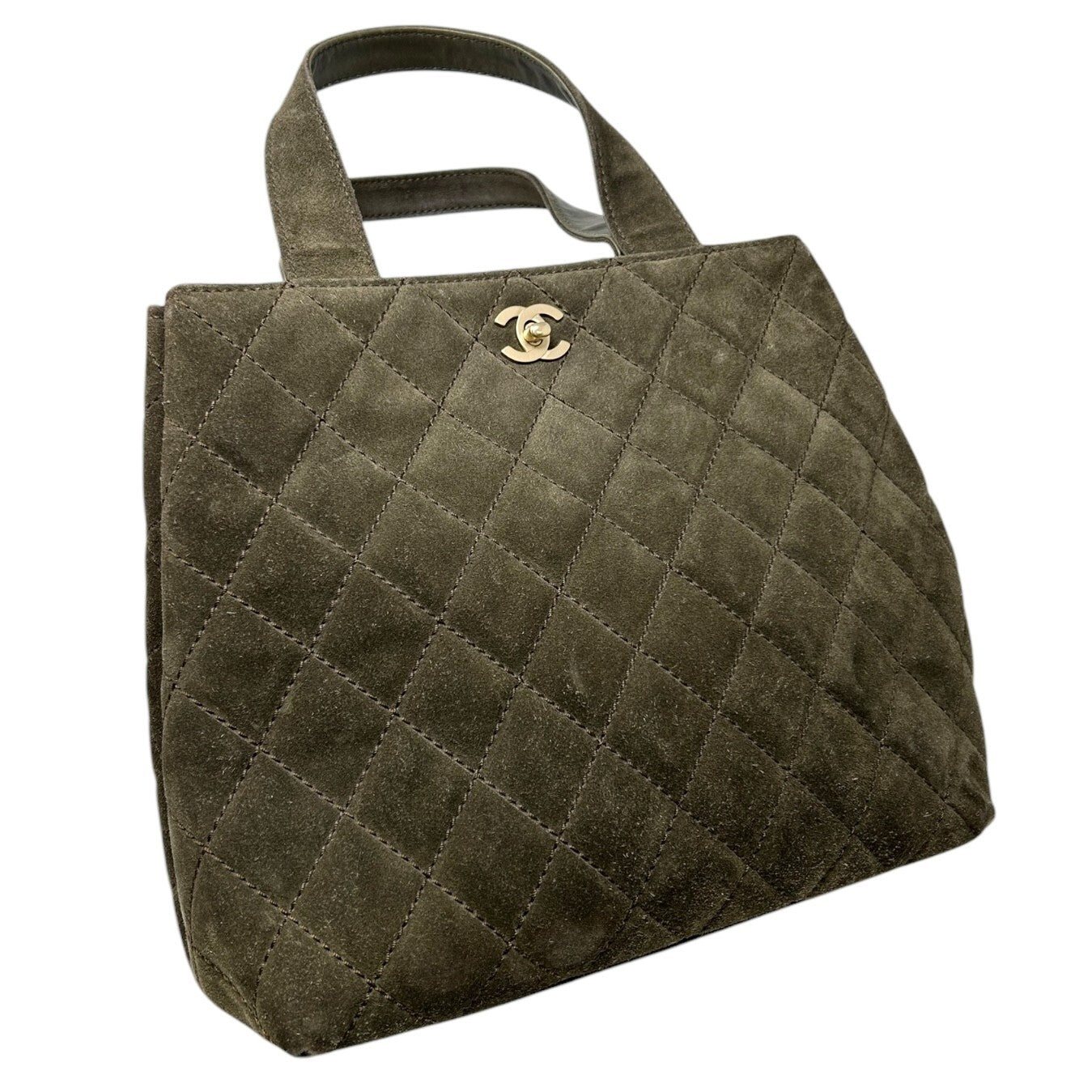 CHANEL Vintage CC Mark Logo Tote Bag Handbag Turnlock Brown Gold Suede Stitch