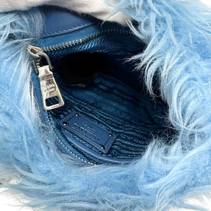 PRADA Vintage Logo Pelliccia Chain Shoulder Bag Mini Pouch Blue Faux Fur 902321