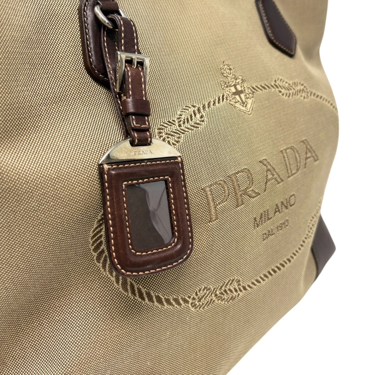 PRADA Vintage Jacquard Logo Tote Bag Brown Silver Canvas Leather 902911