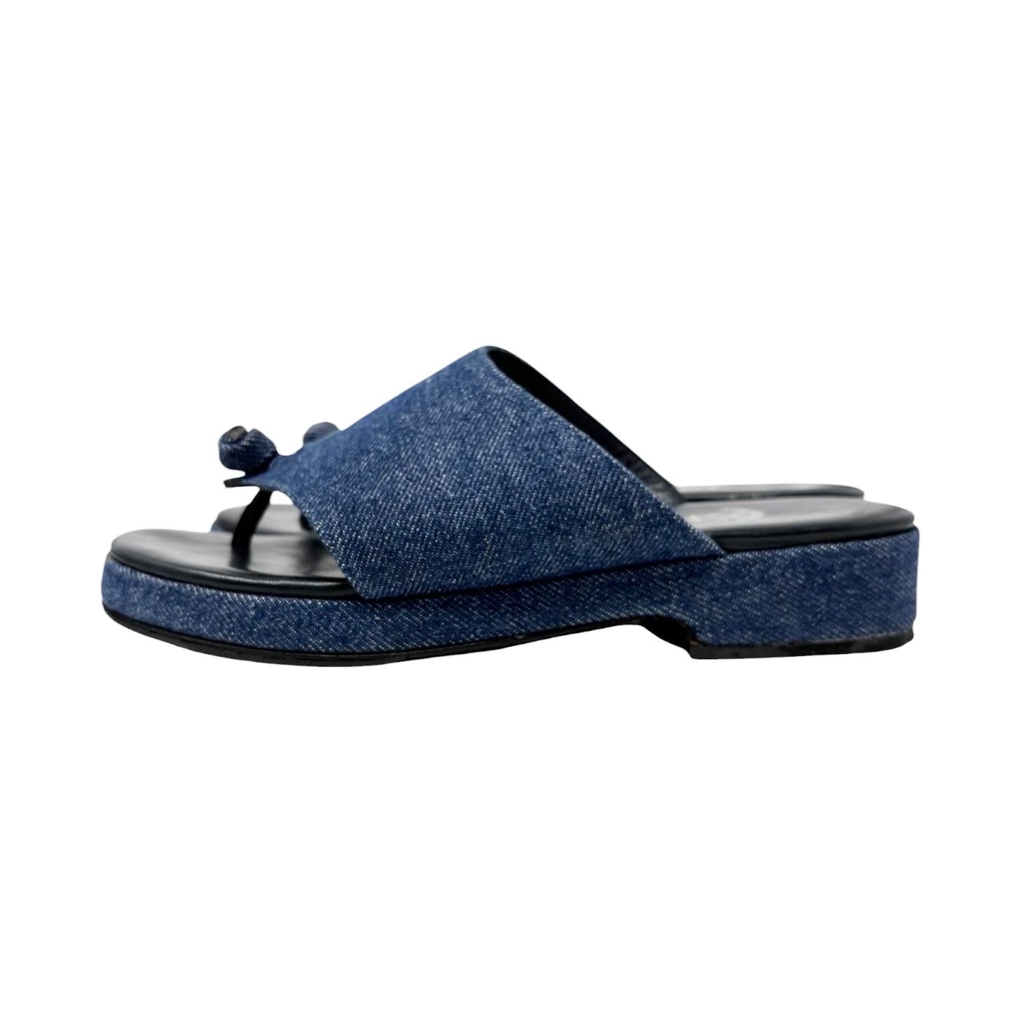 CHANEL Vintage CC Stitch Logo Thong Denim Sandals #37 Blue Black Leather