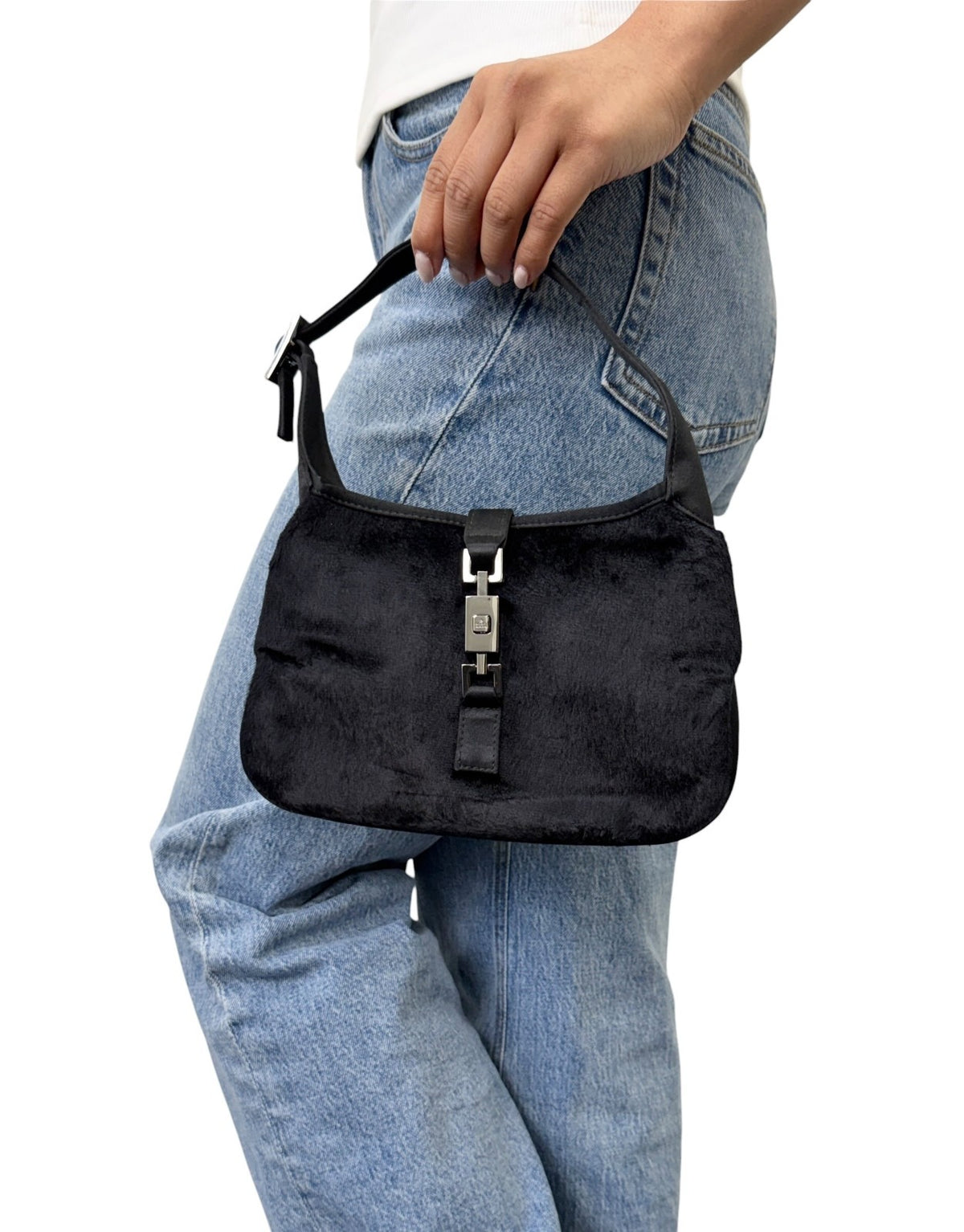 GUCCI Vintage Logo Jackie Mini Velour Shoulder Bag Handbag Black 901853