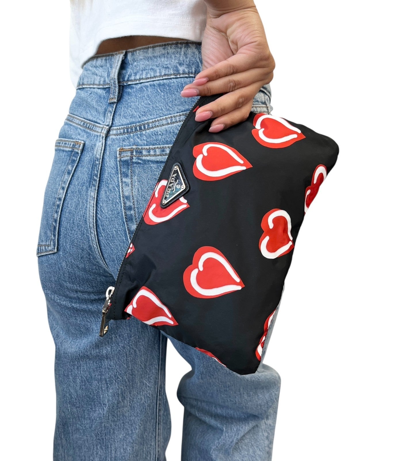 PRADA Vintage Logo Heart Pattern Print Tote Bag Handbag Pouch Black Red Nylon