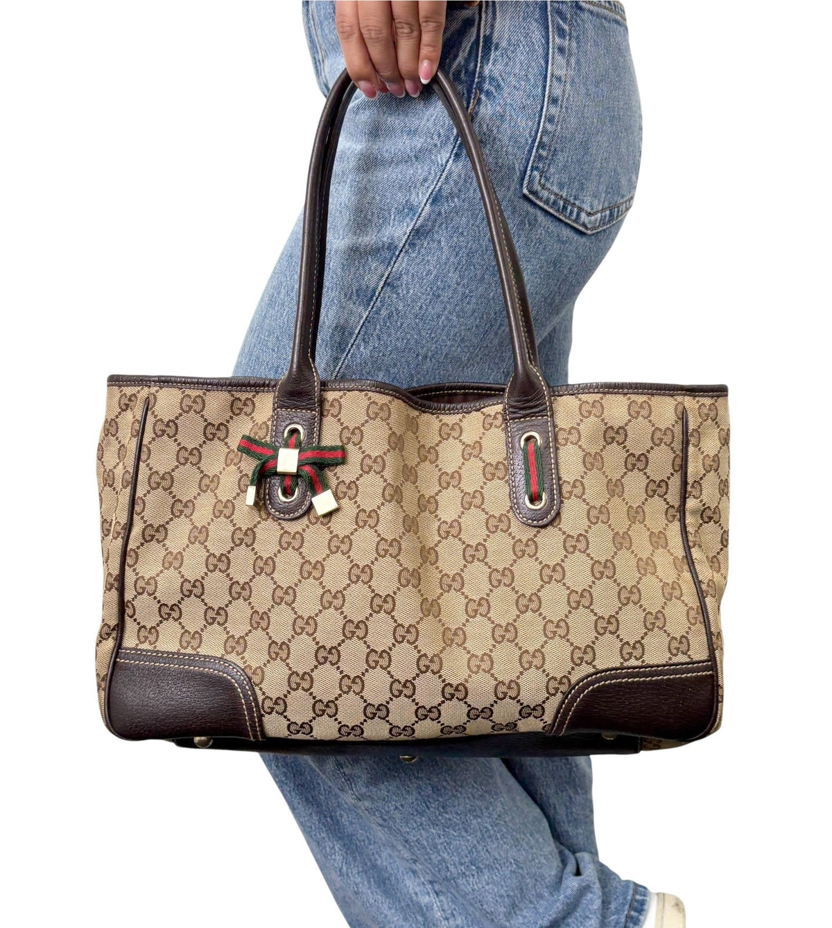 GUCCI Vintage GG Monogram Web Stripe Ribbon Tote Shoulder Bag Brown 902465