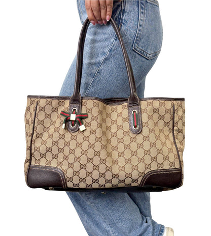GUCCI Vintage GG Monogram Web Stripe Ribbon Tote Shoulder Bag Brown 902465