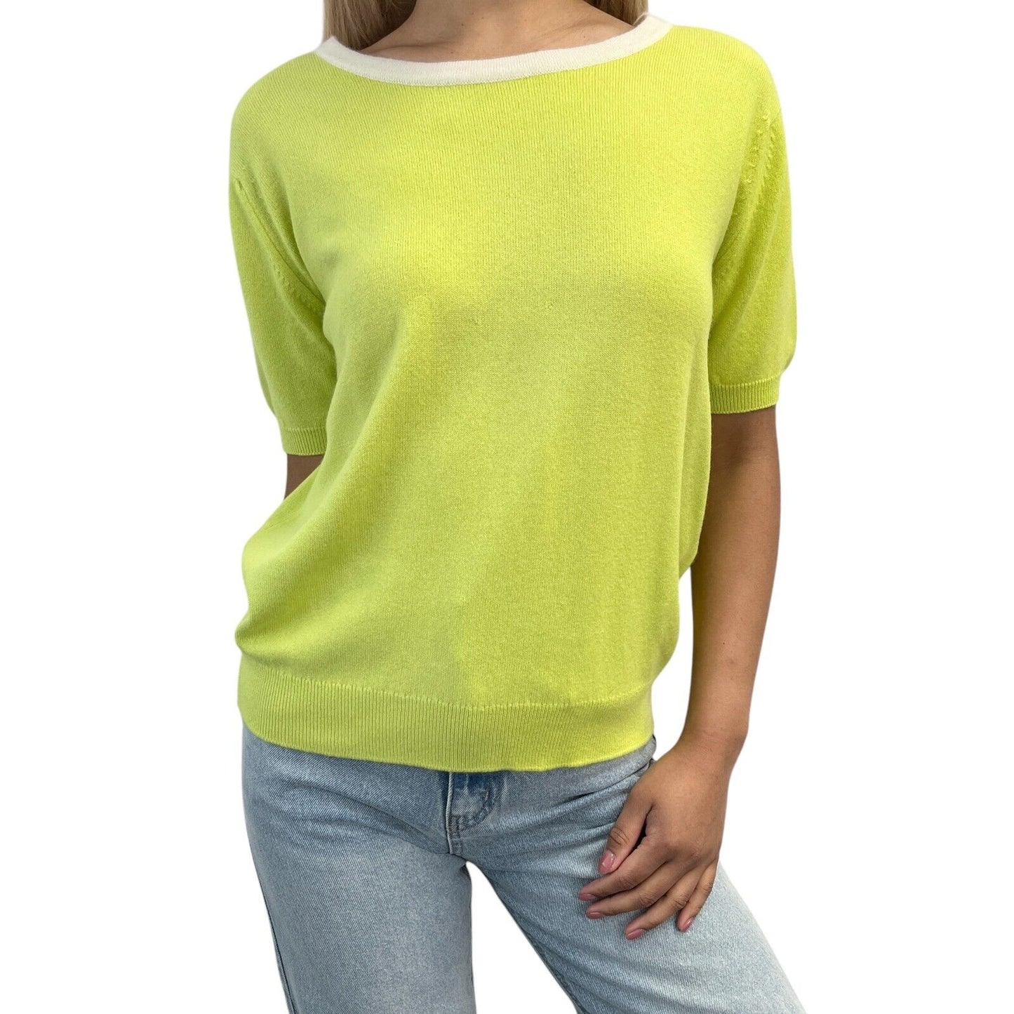 CHANEL Vintage 96C Coco Mark Logo Knit Top #44 Green Gold Cashmere Button