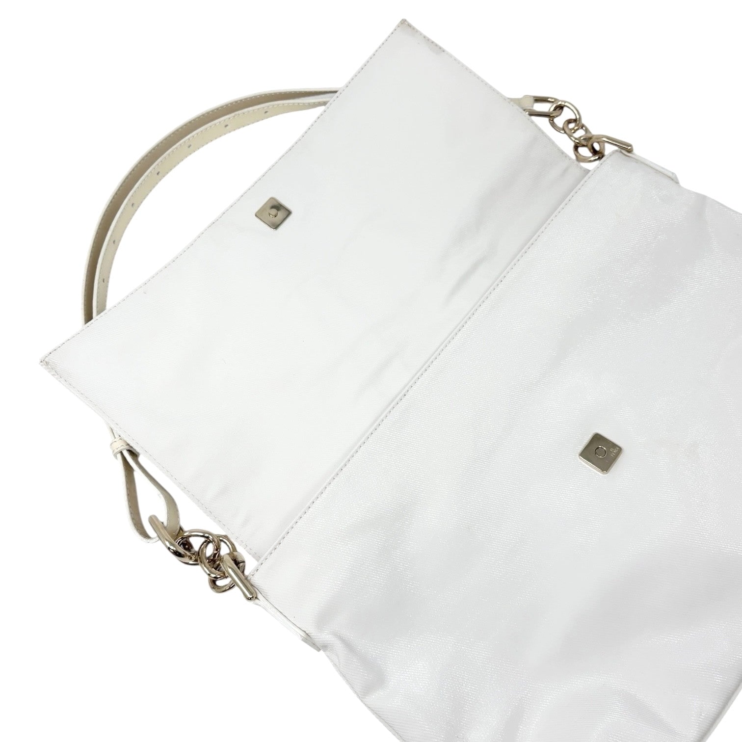 FENDI Vintage FF Logo Mia Mamma Flap Shoulder Bag White Gold Leather Cotton
