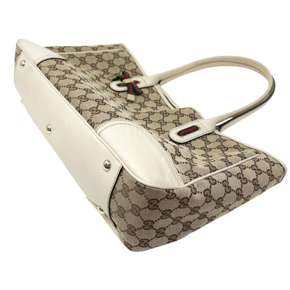GUCCI Vintage GG Monogram Web Stripe Ribbon Tote Shoulder Bag Beige 902324