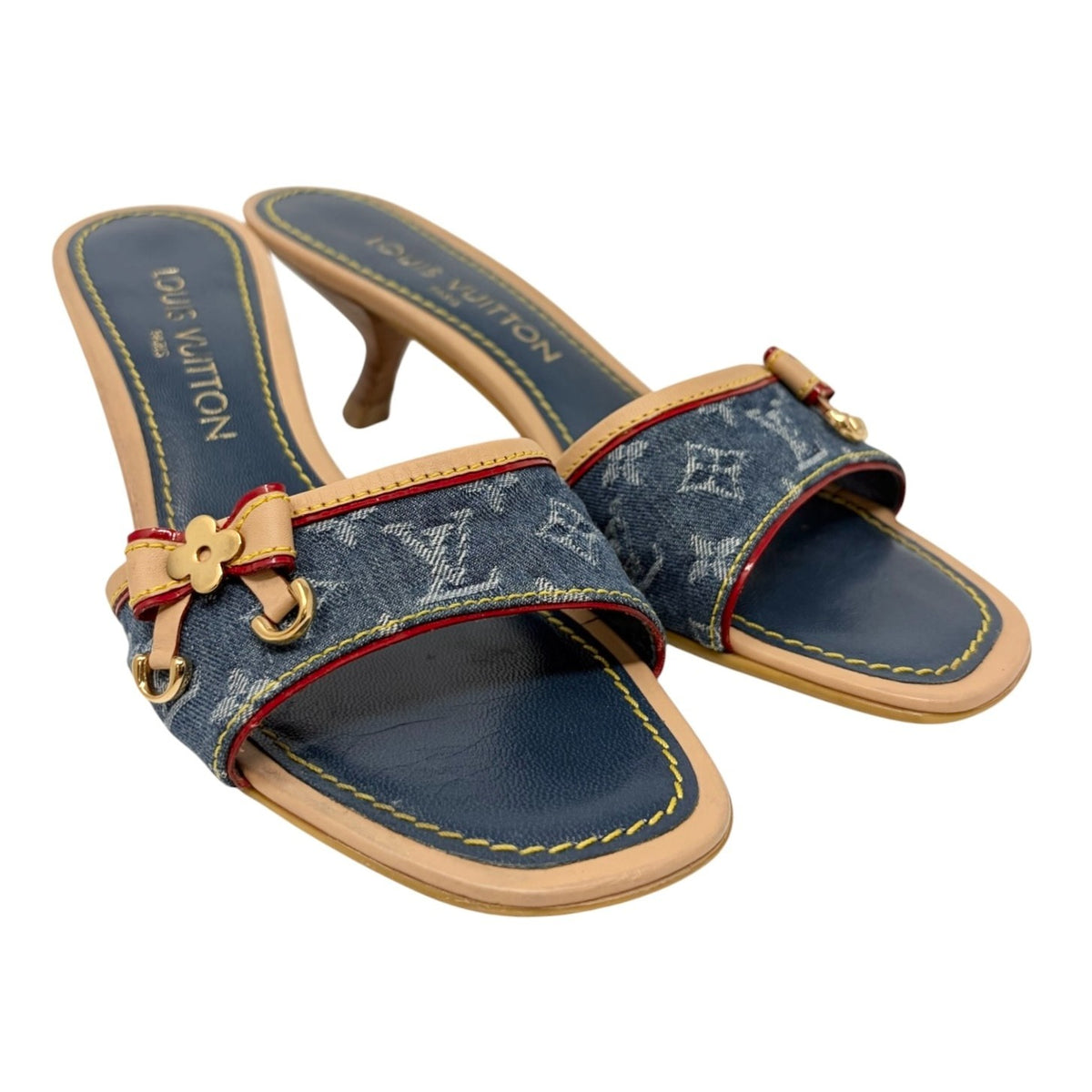 LOUIS VUITTON Vintage Monogram Denim Sandals Heels #36-36.5 Blue Beige 902374