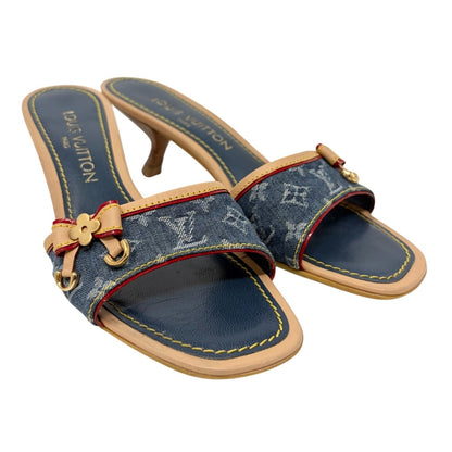 LOUIS VUITTON Vintage Monogram Denim Sandals Heels #36-36.5 Blue Beige 902374