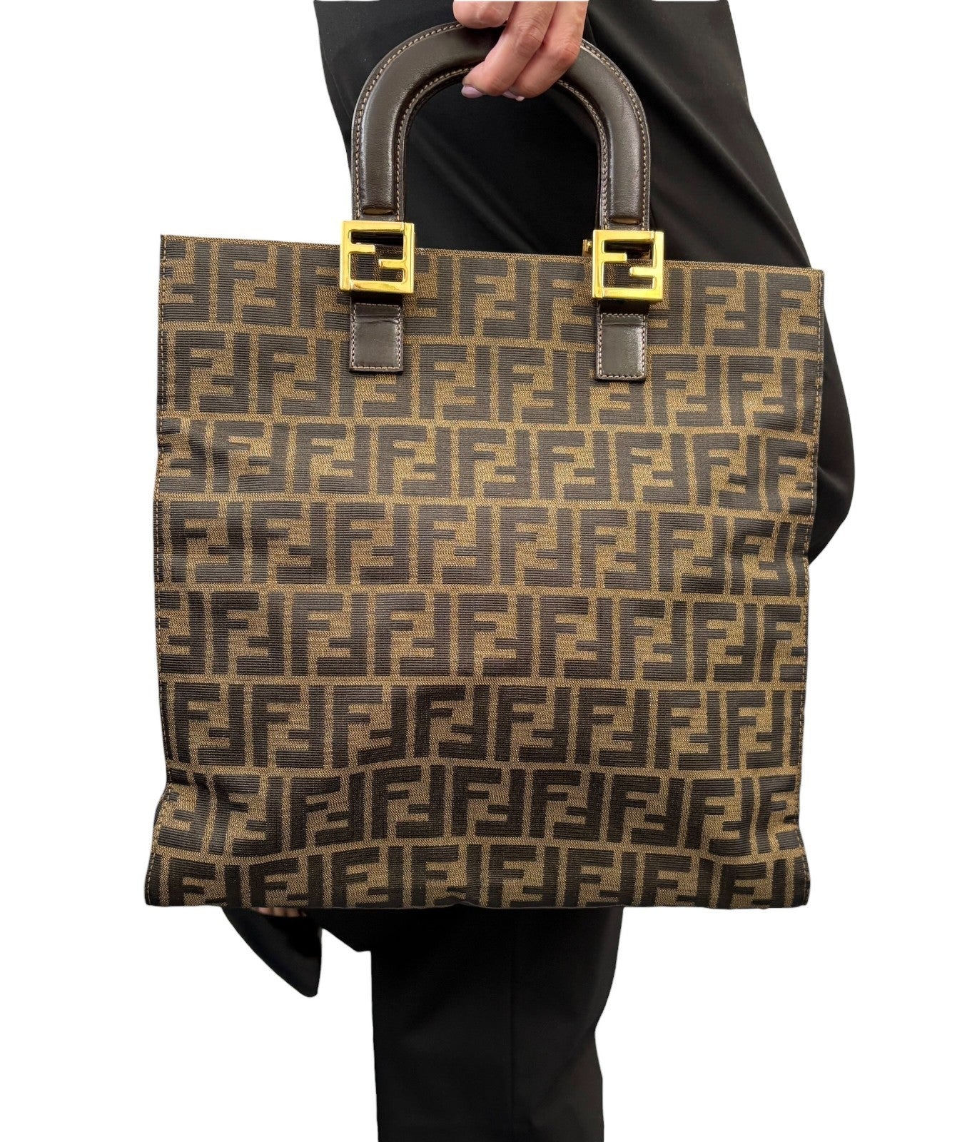 Fendi Vintage Zucca Canvas Tote Bag FF Logo Monogram Brown Gold Leather
