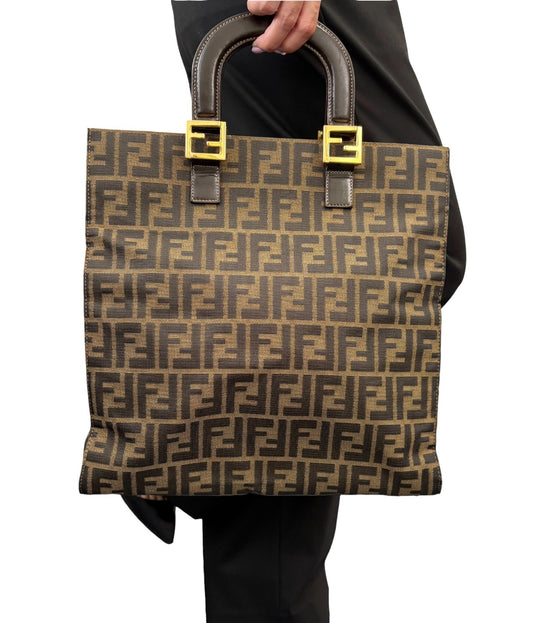 Fendi Vintage Zucca Canvas Tote Bag FF Logo Monogram Brown Gold Leather