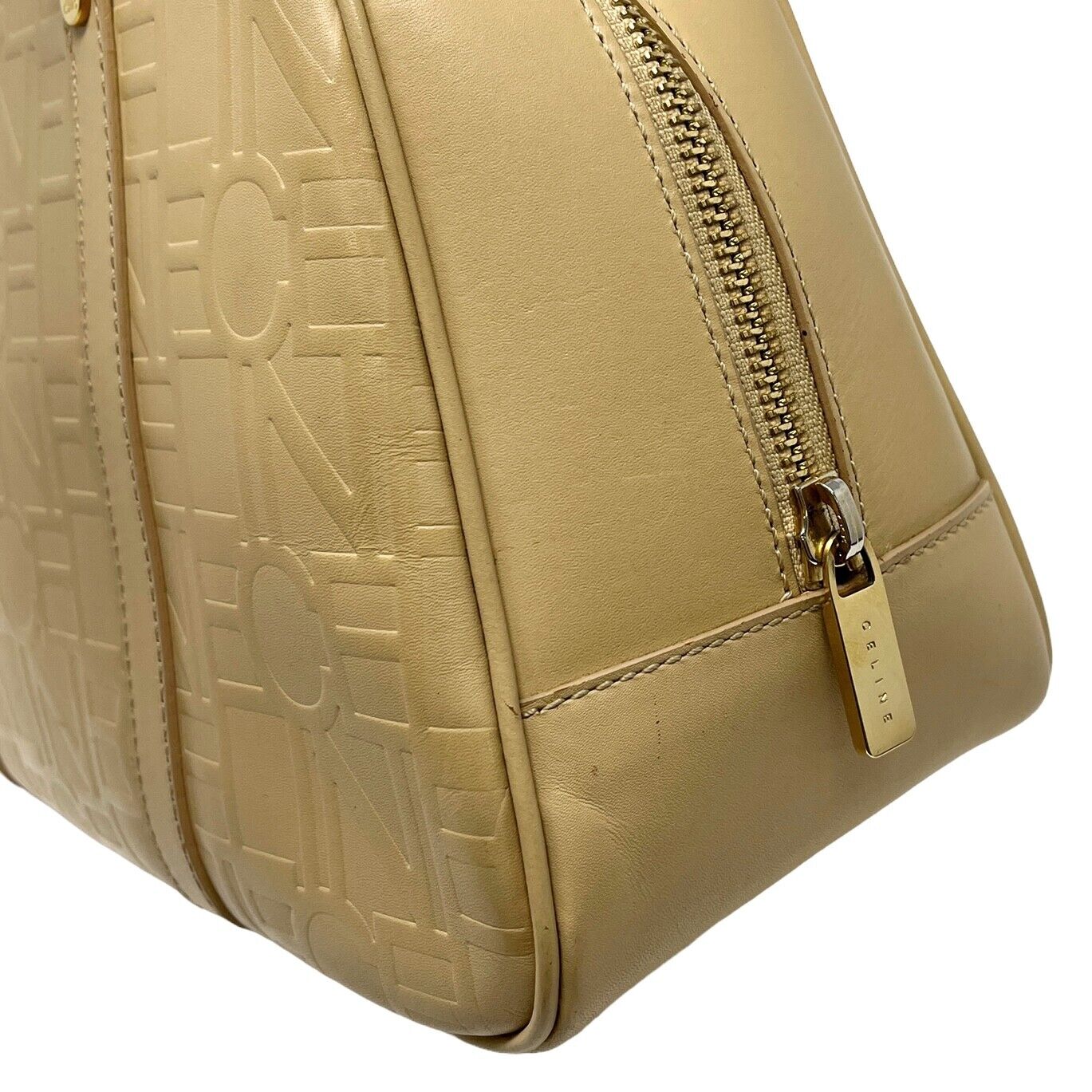 CELINE Vintage Monogram Logo Handbag Zip Beige Gold Leather Rank AB