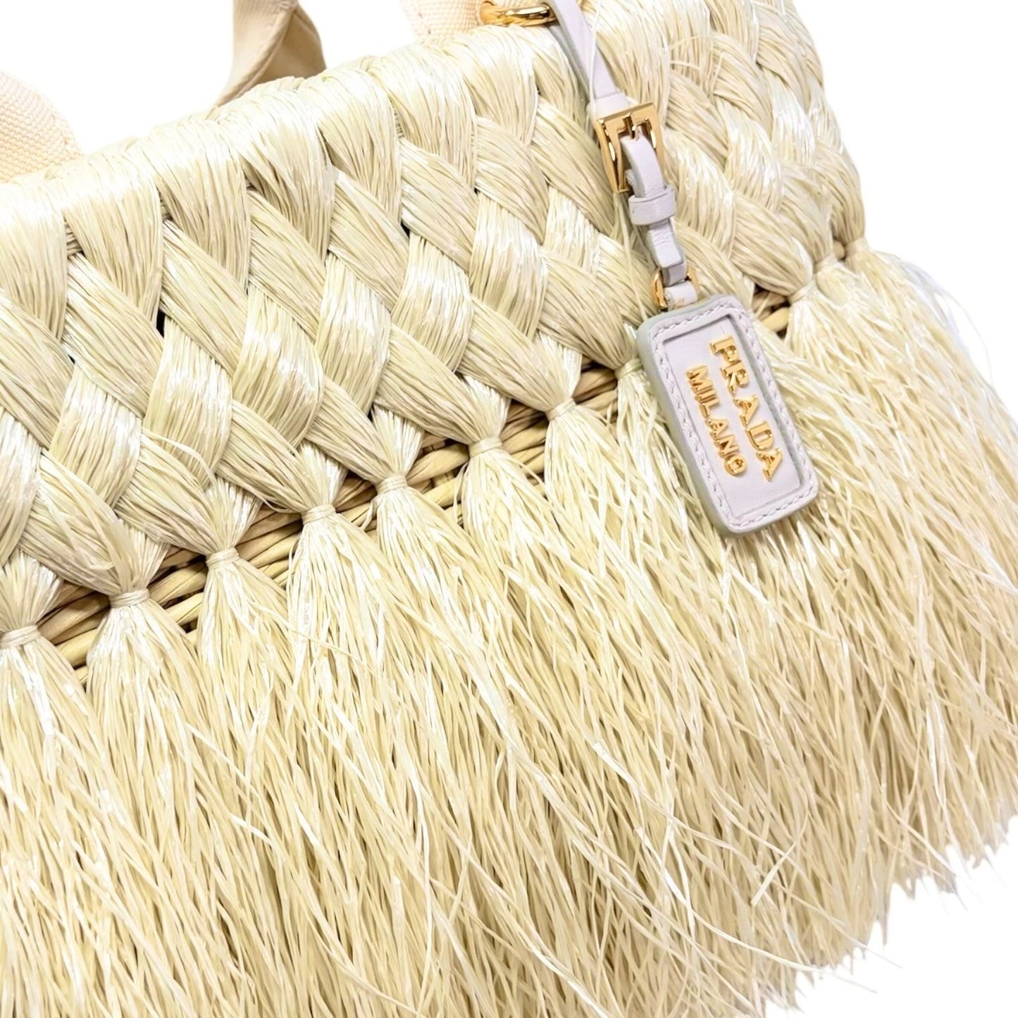 PRADA Vintage Fringe Raffia Straw Tote Crossbody Bag 2way Cream Gold 902091