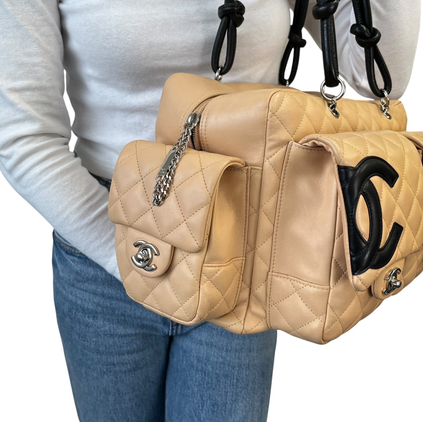 CHANEL Vintage Cambon Line CC Logo Quilted Shoulder Bag Beige Black Leather