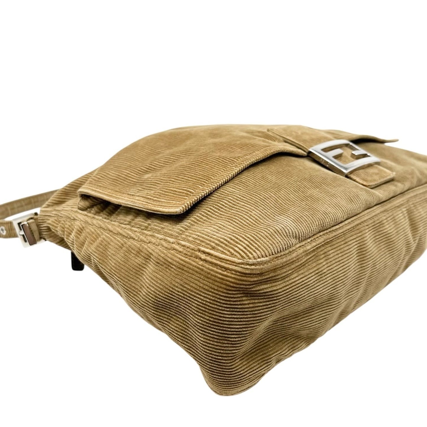 FENDI Vintage FF Logo Mamma Baguette Corduroy Shoulder Bag Beige Silver