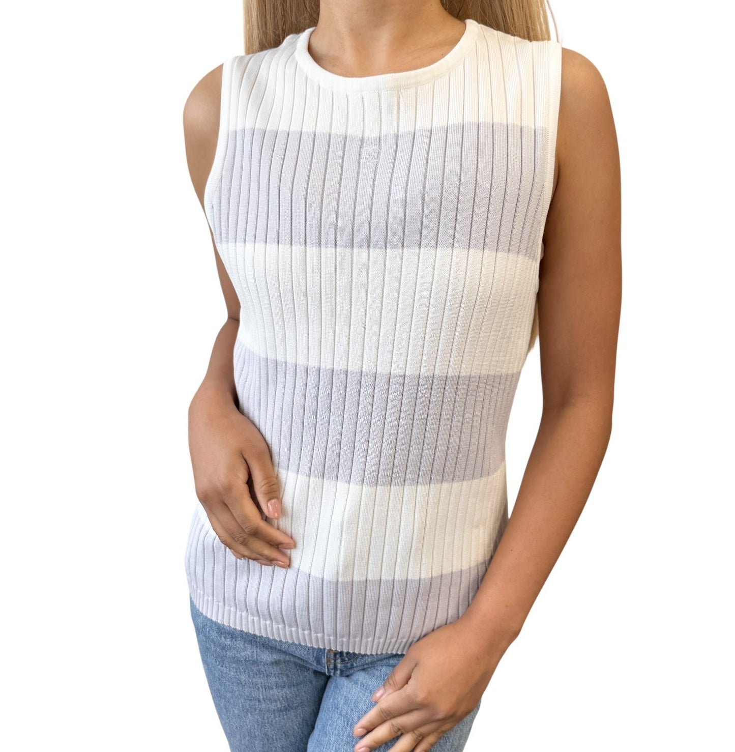 CHANEL Vintage 98P CC Stripe Rib Knit Tank Top #40 White Purple Cotton 902266