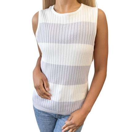 CHANEL Vintage 98P CC Stripe Rib Knit Tank Top #40 White Purple Cotton 902266
