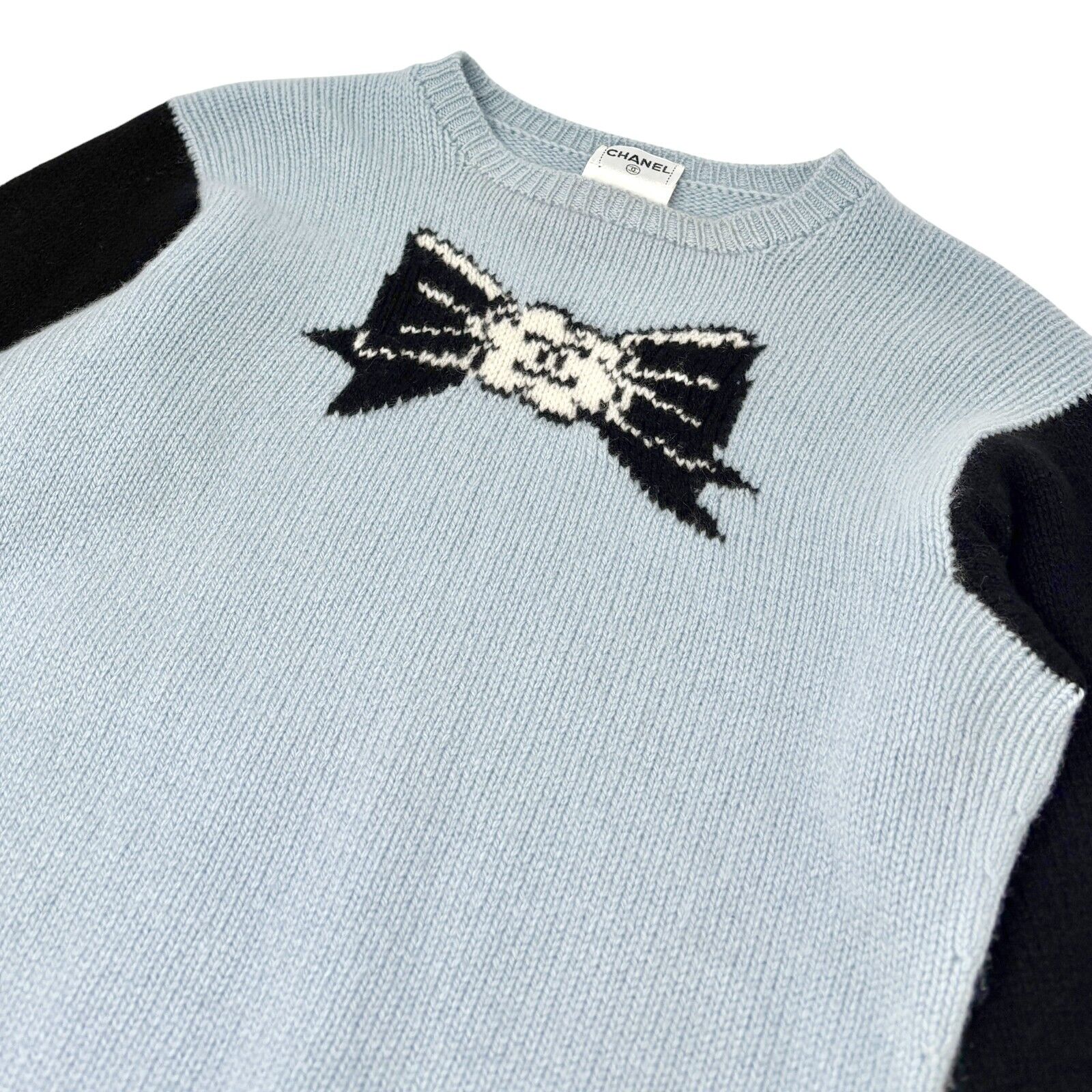 CHANEL Vintage 95A CC Ribbon Logo Sweater #38 Long Sleeve Top Blue Cashmere
