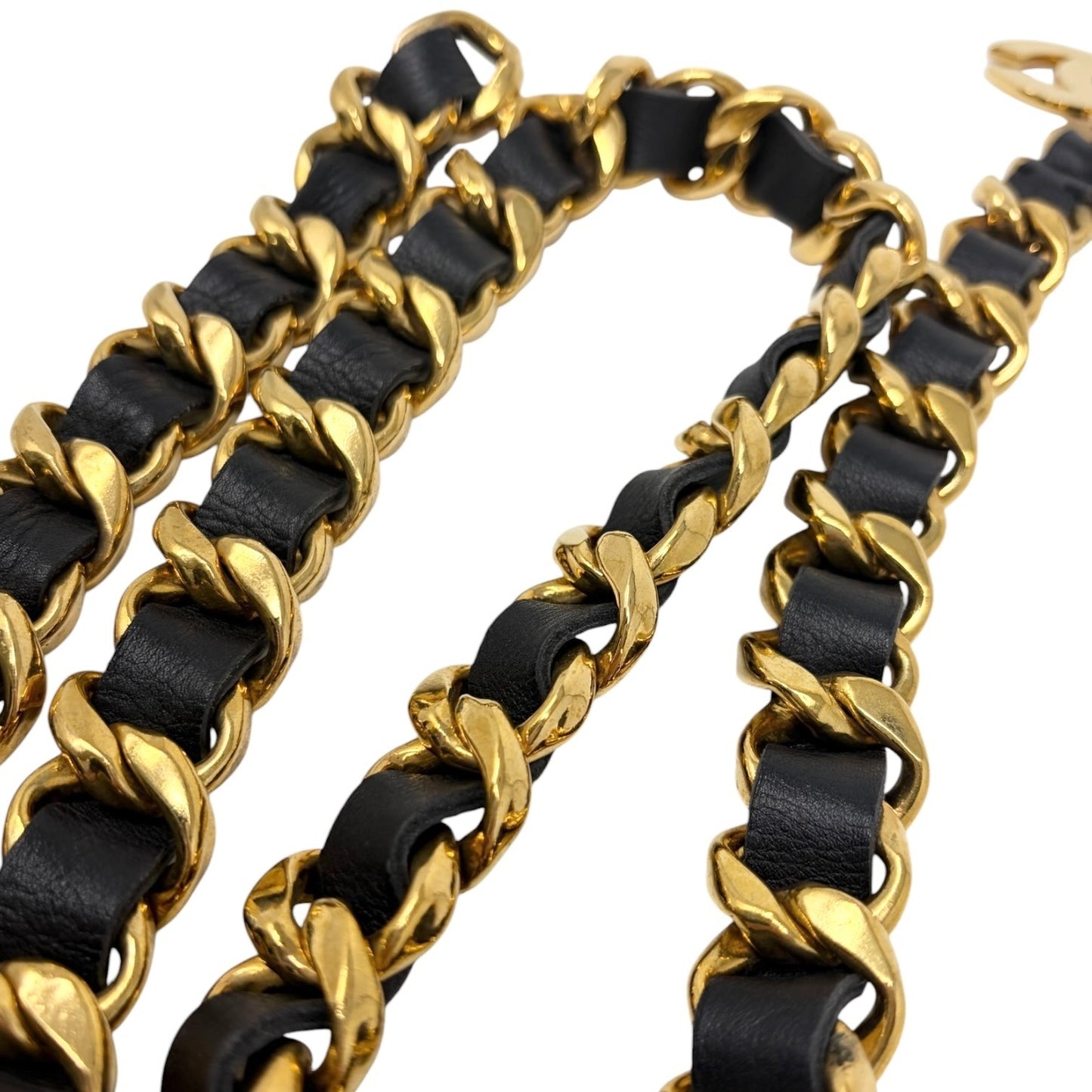 CHANEL Vintage 93A Double CC Logo Leather Chain Belt Black Gold Metal 902577