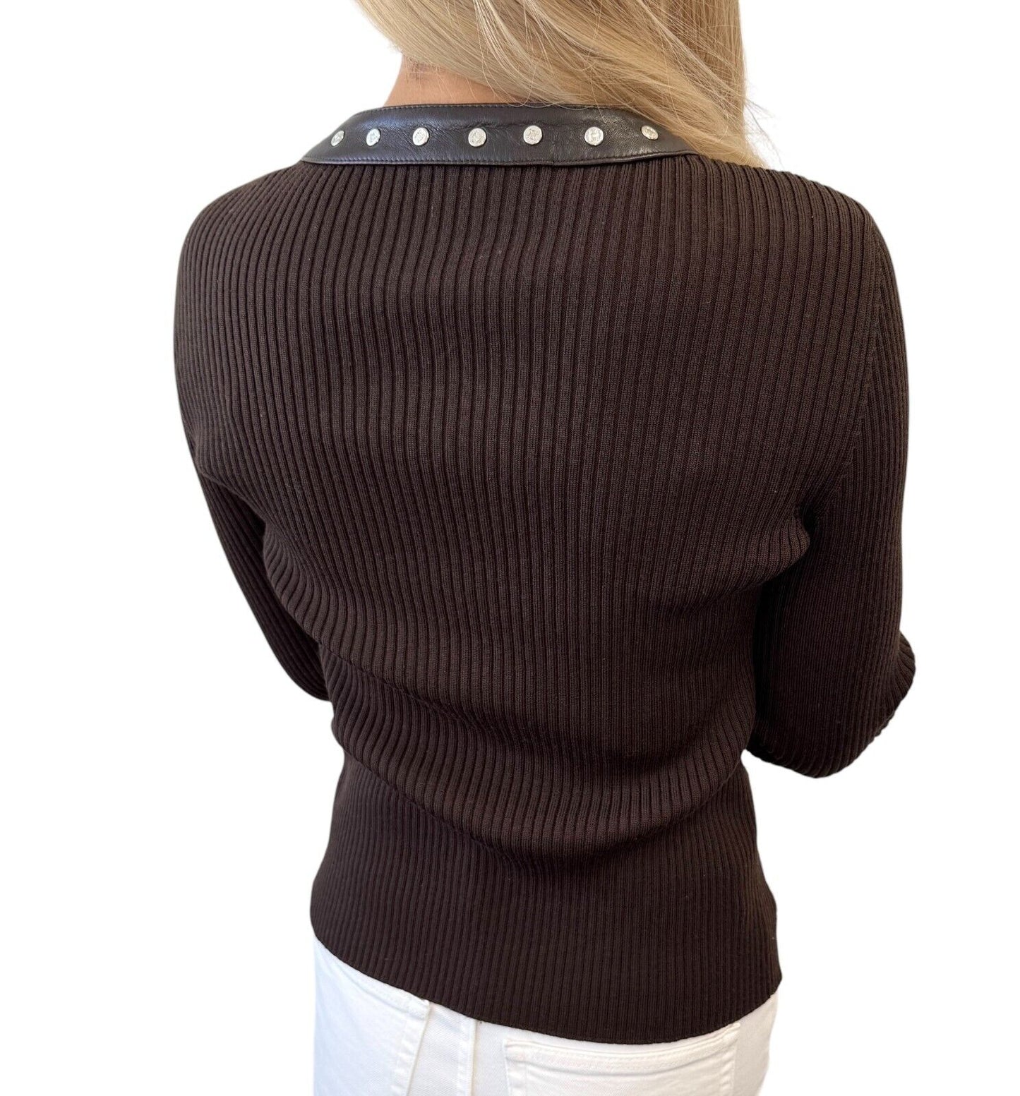 CELINE Vintage Macadam Logo Rib Knit Cardigan #M Snap Button Brown Wool Leather