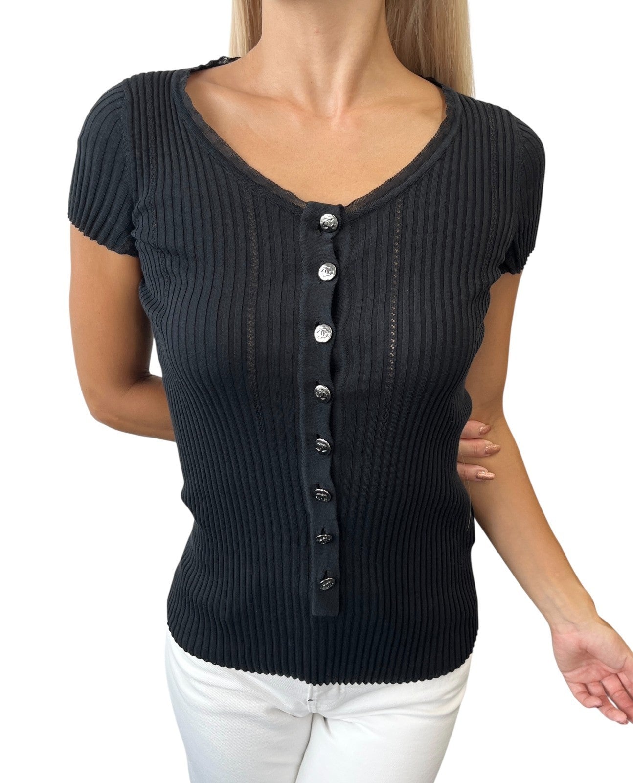 CHANEL Vintage 08P CC Logo Rib Knit Top #34 Black Cotton Silver Short Sleeve