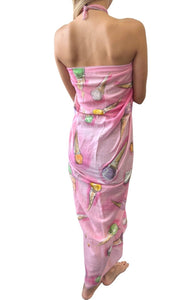 CHANEL Vintage Logo Ice Cream Print Wrap Pareo Big Scarf Dress Cotton Pink
