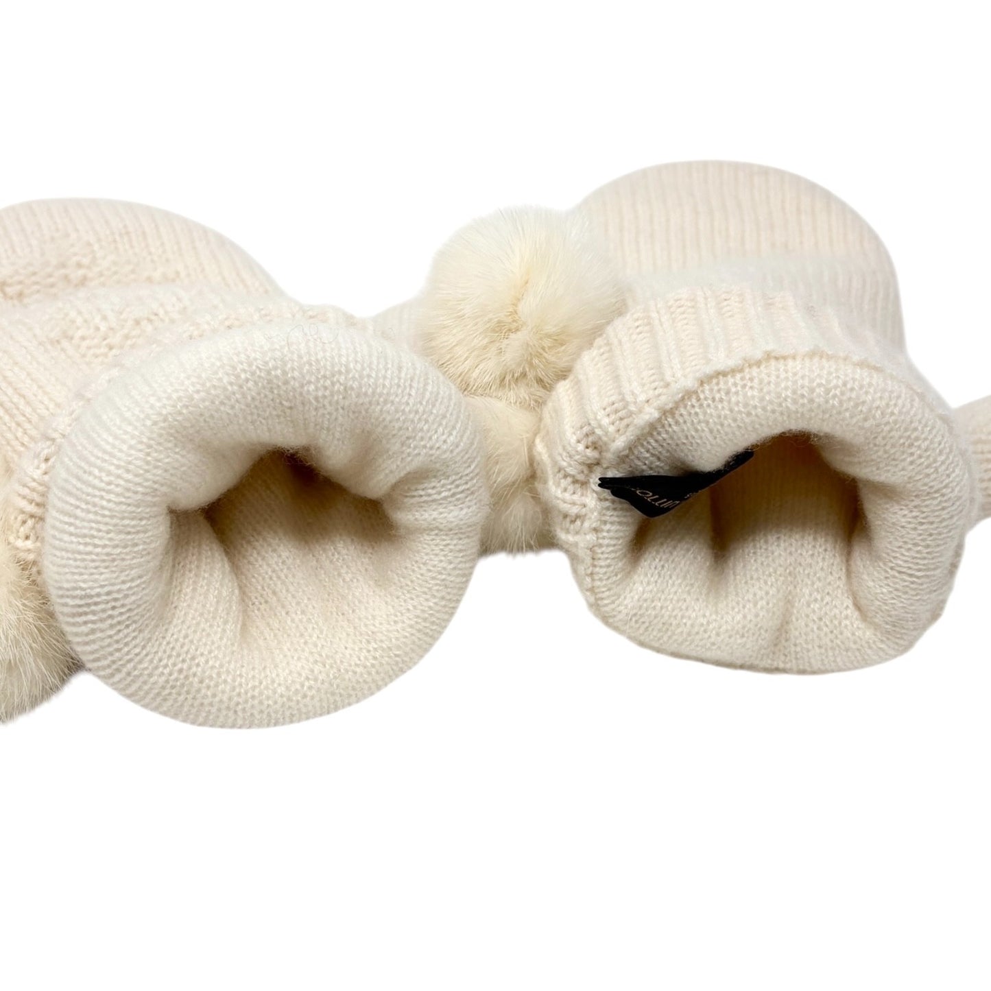 LOUIS VUITTON Vintage Cashmere Knit Gloves Mittens Mink Pompons Cream LV Logo
