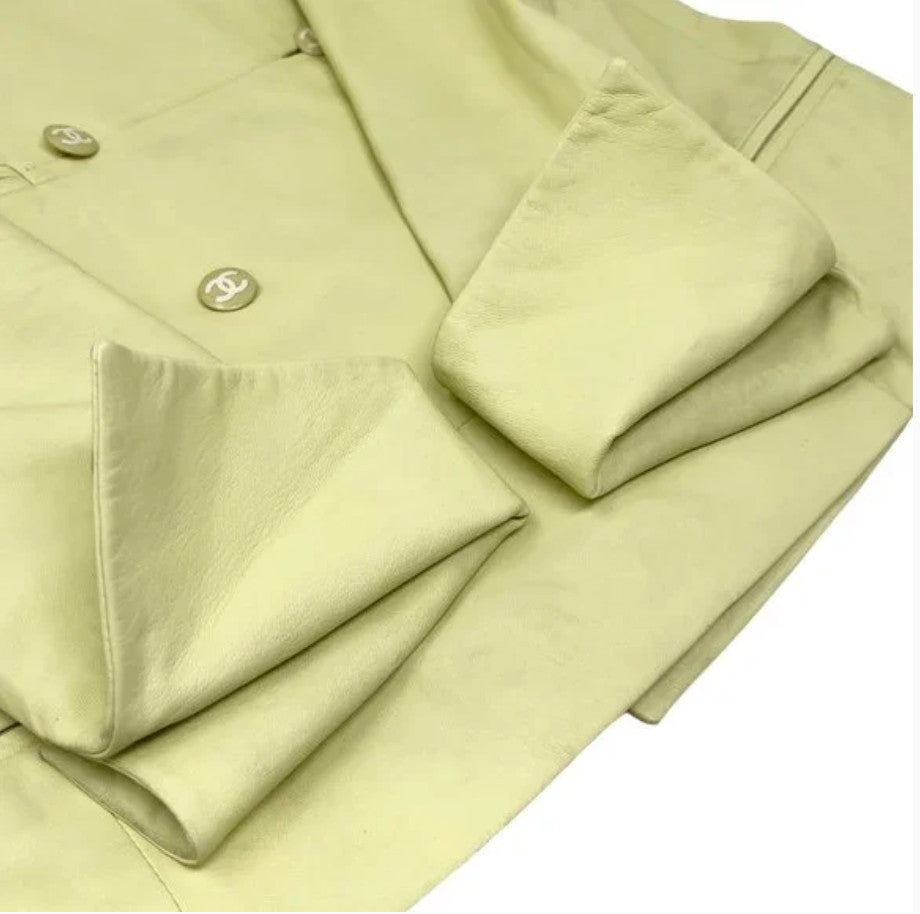 CHANEL Vintage 04C CC Mark Button Leather Jacket #36 Lambskin Lime Yellow