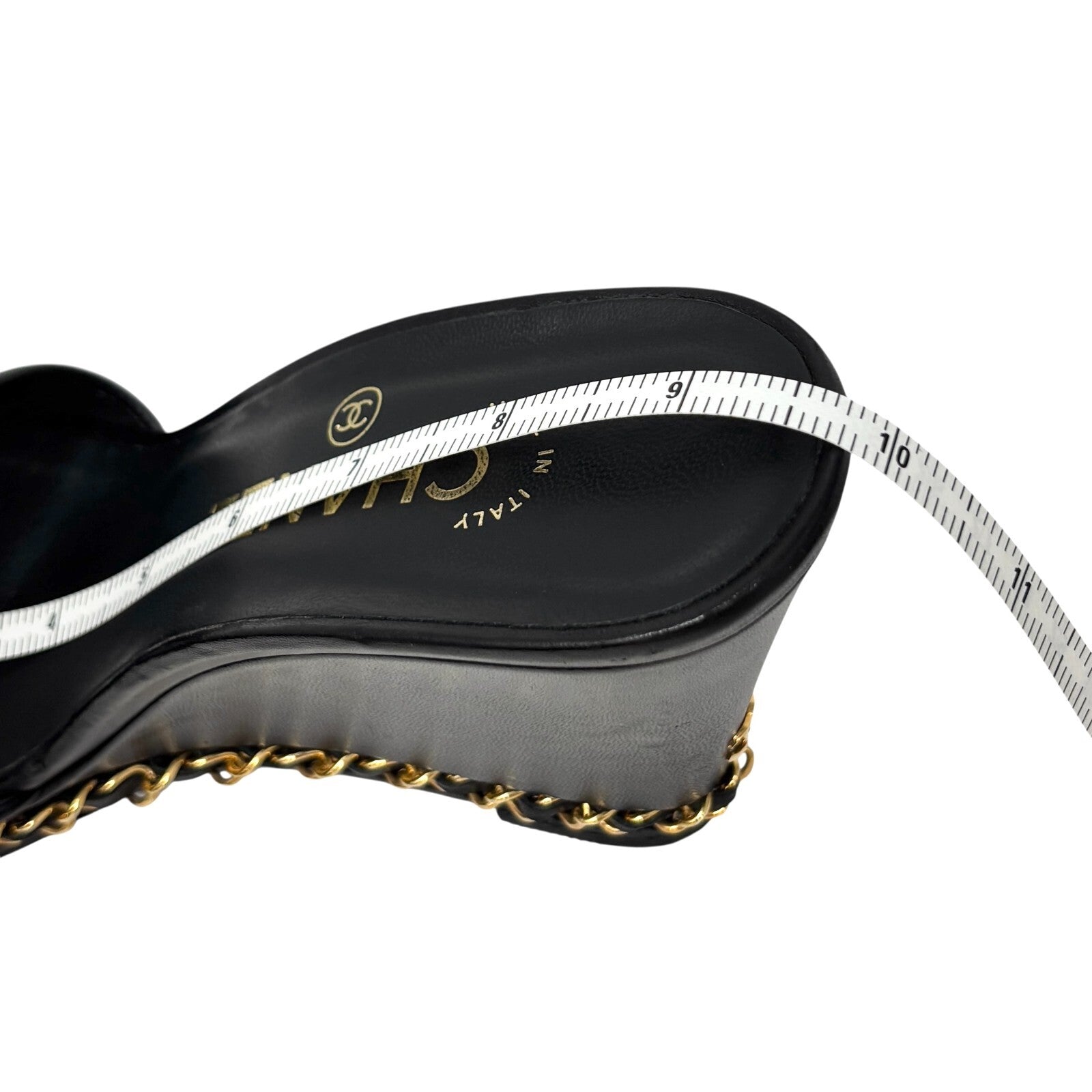 CHANEL Vintage CC Logo Chain Wedge Sole Sandals #37-38.5 Black Gold Leather