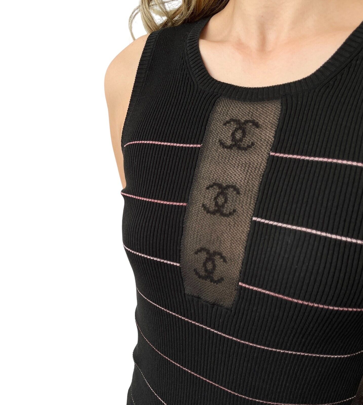 CHANEL Vintage 04P CC Logo Mesh See-through Ribbed Tank Top #38 Black Rank AB