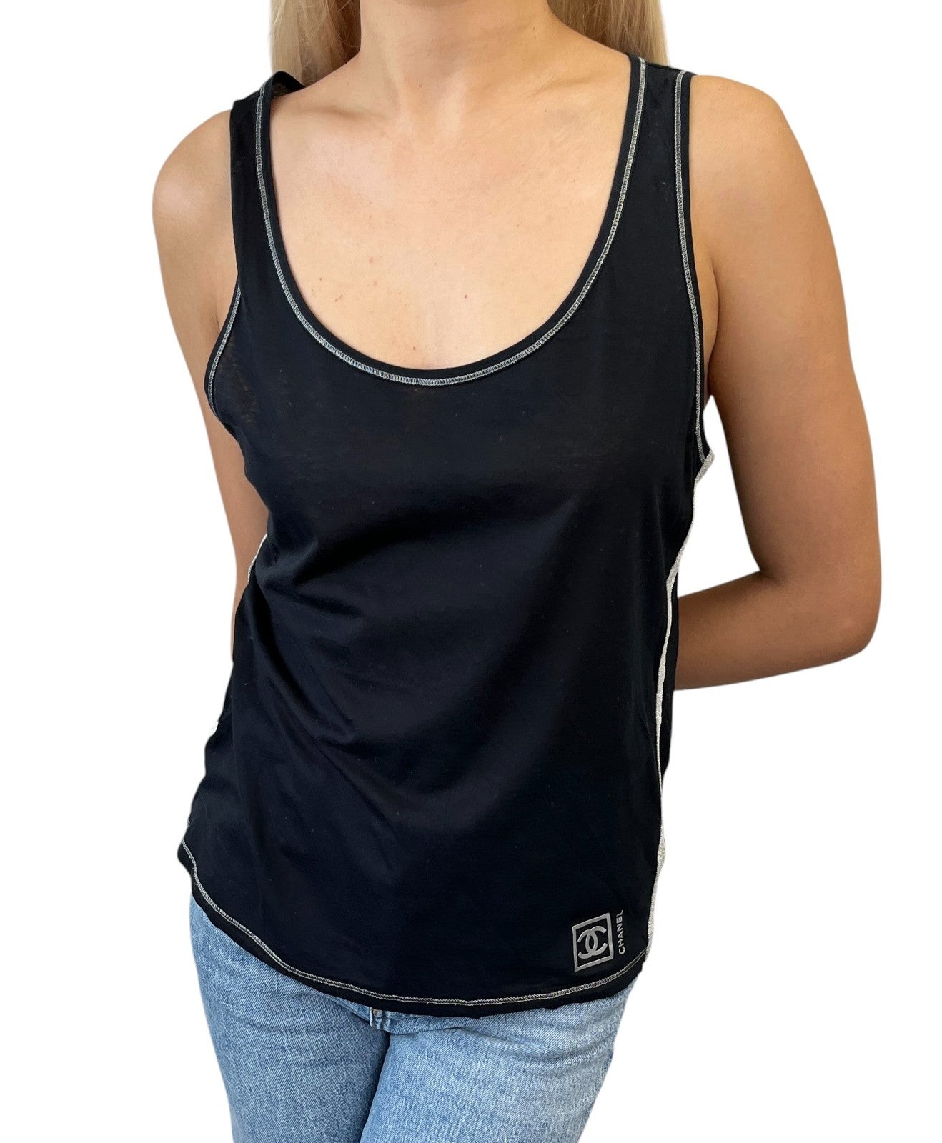 CHANEL Sport Vintage 06P CC Logo Side Stripe Tank Top #40 Black Silver 901948