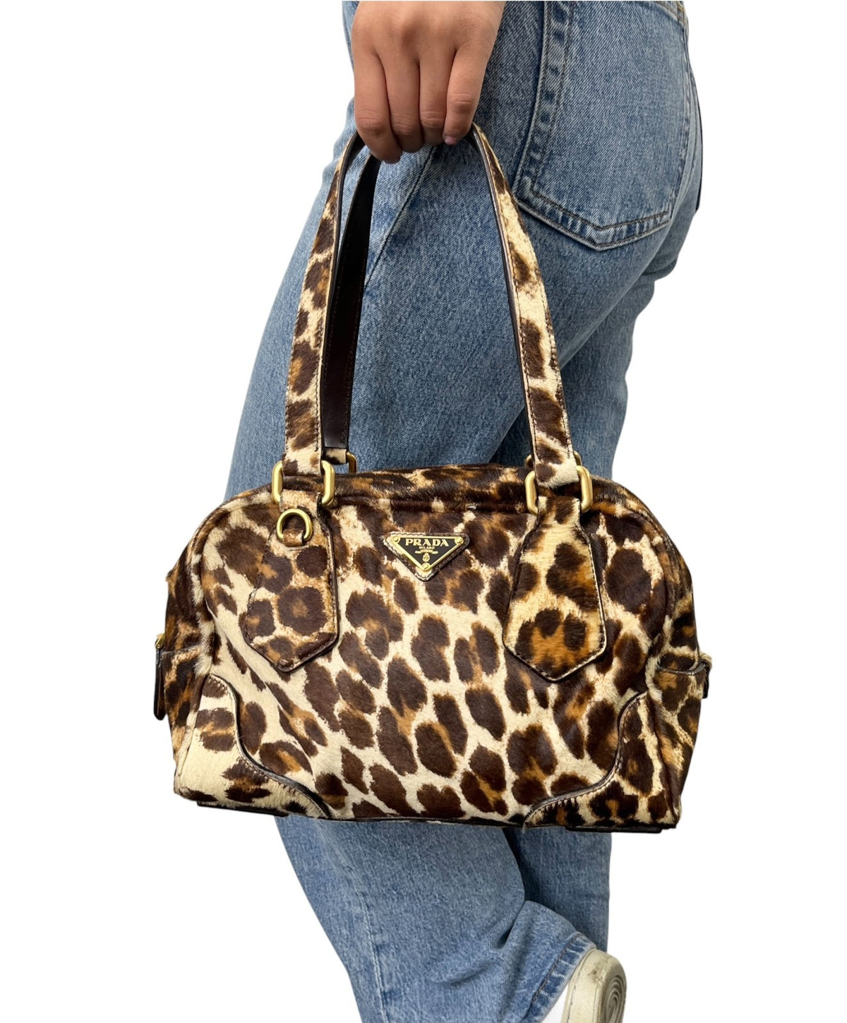 PRADA Vintage Leopard Pony Calf Hair Shoulder Top Handle Bag Cream Brown 902393
