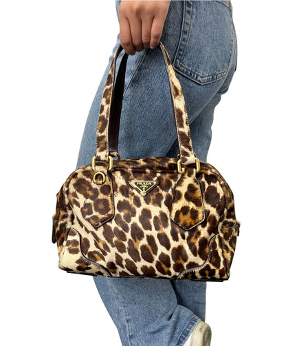 PRADA Vintage Leopard Pony Calf Hair Shoulder Top Handle Bag Cream Brown 902393