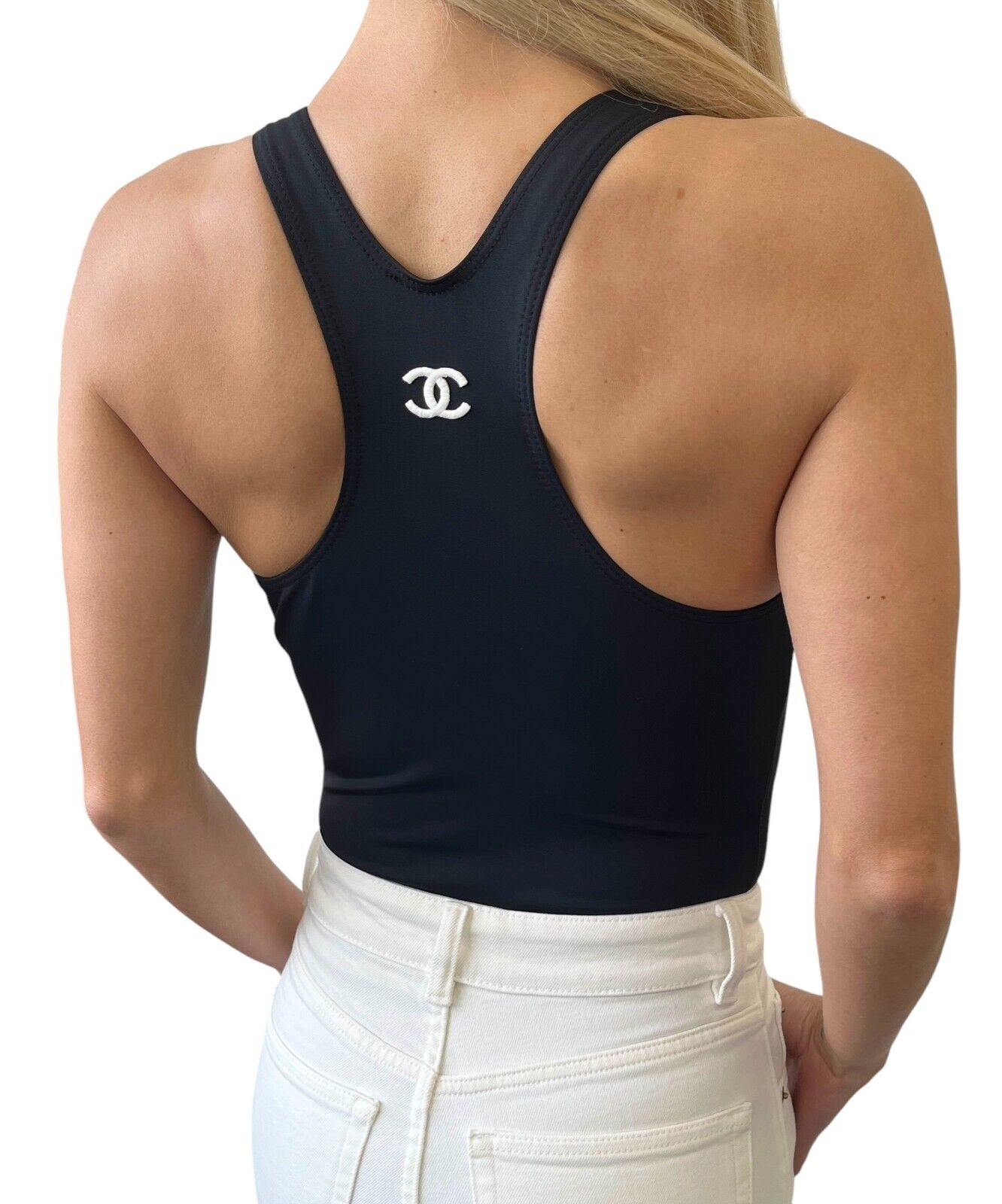 CHANEL Vintage 96C CC Logo Swimsuit Swimwear #38 One Piece Black White Nylon
