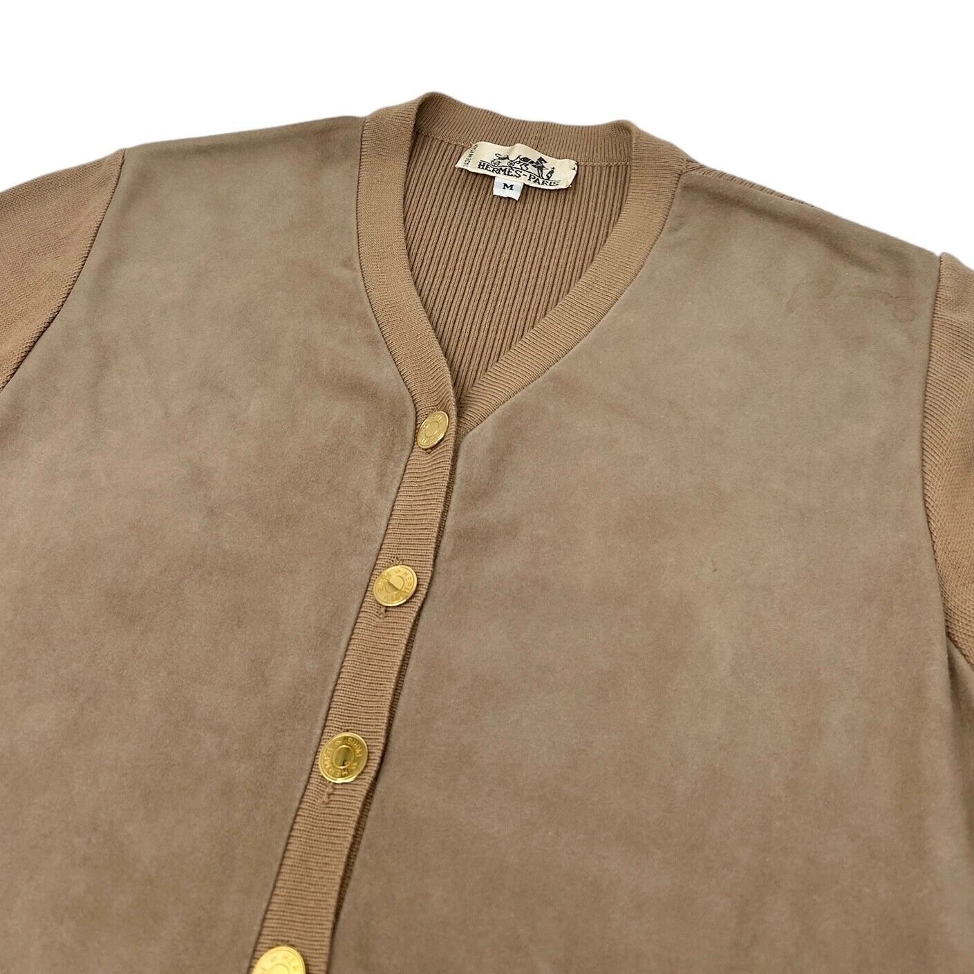 HERMES Vintage Sellier Button Cardigan #M Light Brown Gold Cotton Nubuck RankAB