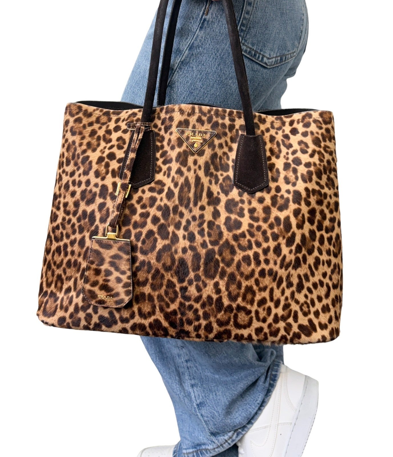 PRADA Vintage Triangle Logo Leopard Tote Bag Brown Black Pony Calf Hair 902452