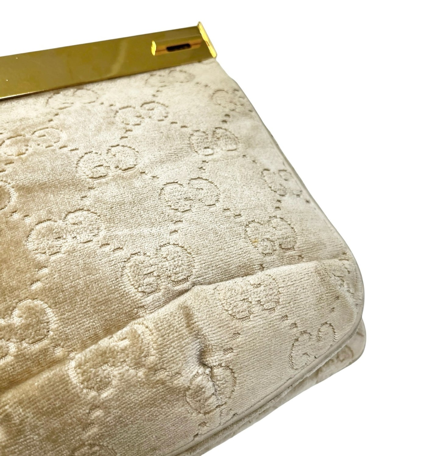 GUCCI Vintage GG Monogram Logo Shoulder Bag Crossbody Cream Gold Velour Leather