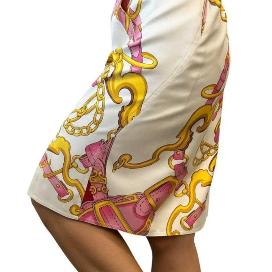 Christian Dior Vintage 2000 Logo Knee Length Skirt #40 White Pink Silk