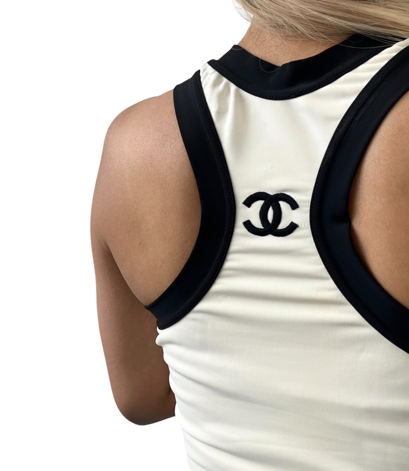 CHANEL Vintage CC Logo Spandex Cropped Tank Top #38 Cream Black Nylon