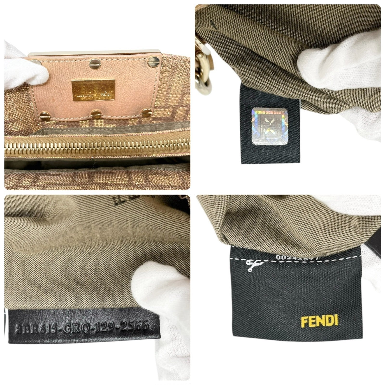 FENDI Vintage FF Logo Zucca Monogram Shoulder Bag Glitter Pink Beige Cotton