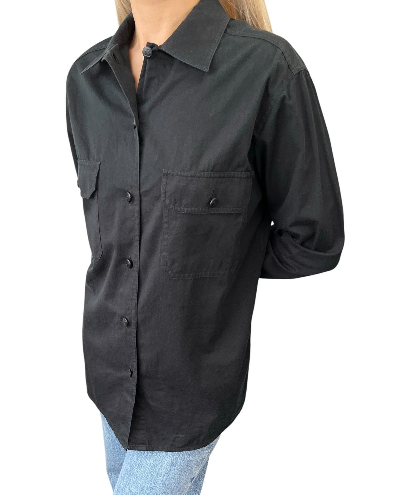 CHANEL Vintage P08155 CC Button Up Oversized Shirt Long Sleeve #36 Black Cotton