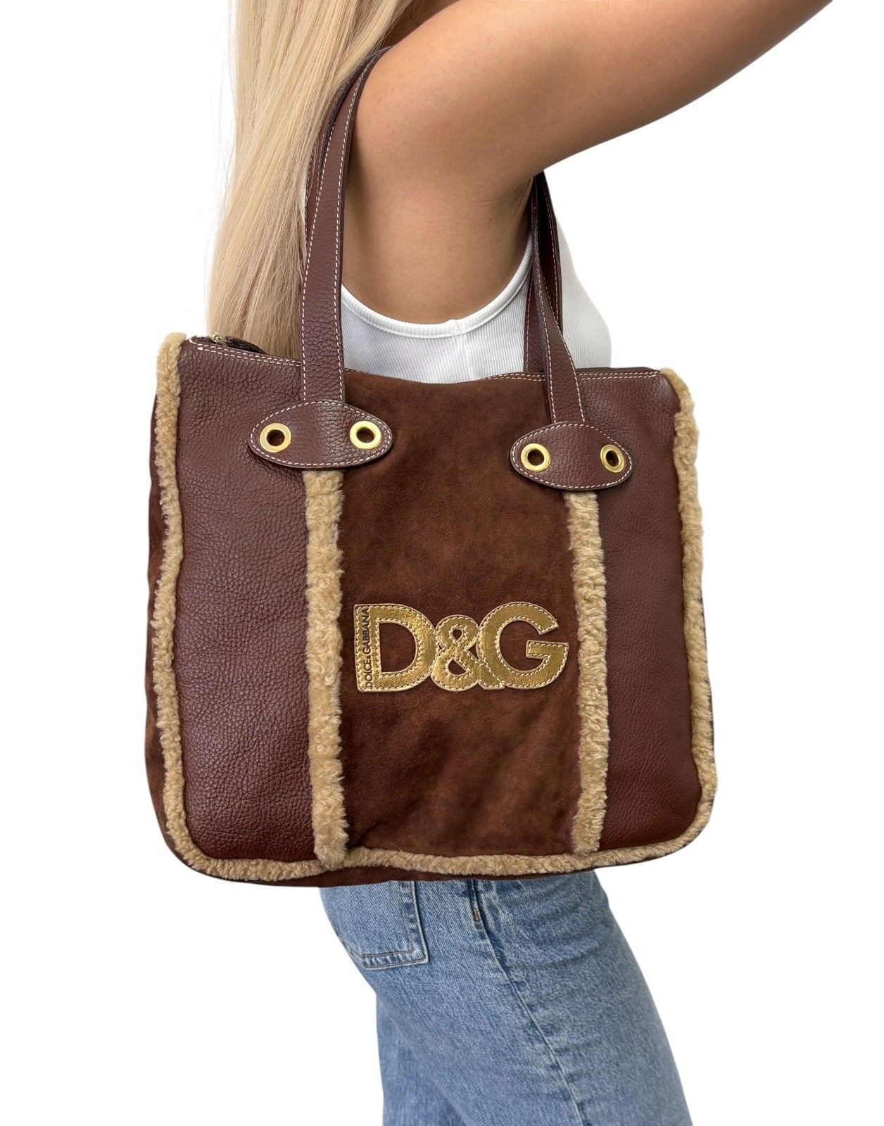 DOLCE&GABBANA Vintage DG Logo Fur Tote Shoulder Bag Brown Beige Suede 902427