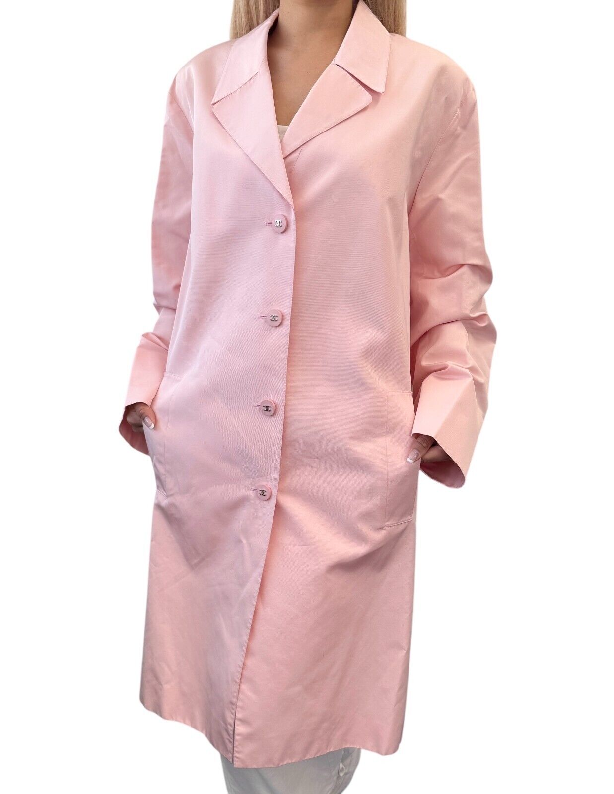 CHANEL Vintage 96P CC Logo Trench Coat Jacket #38 Pink Silver Silk Button