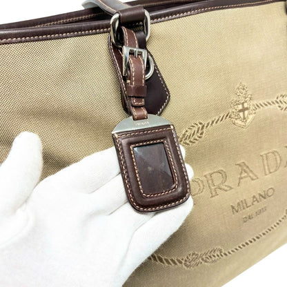 PRADA Vintage Jacquard Logo Tote Bag Brown Silver Canvas Leather 902340