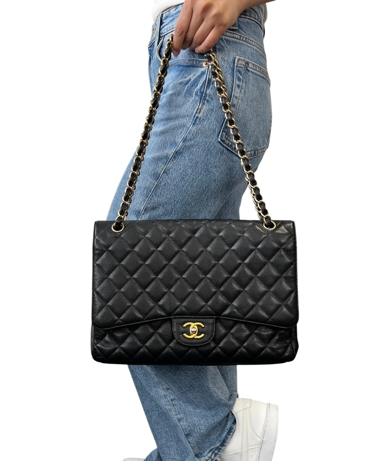 CHANEL Vintage CC Turnlock Quilted Chain Shoulder Bag Black Gold Leather 902228