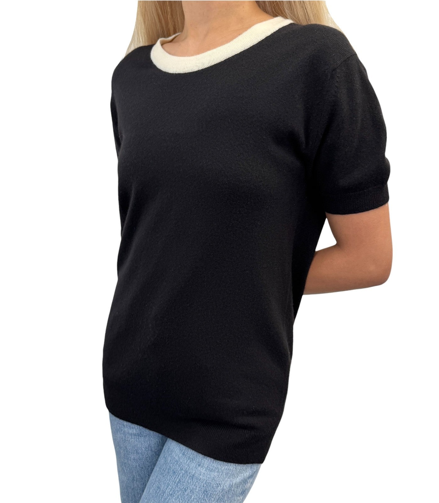 CHANEL Vintage 96A CC Logo Button Knit Top T-shirt #40 Black White Cashmere