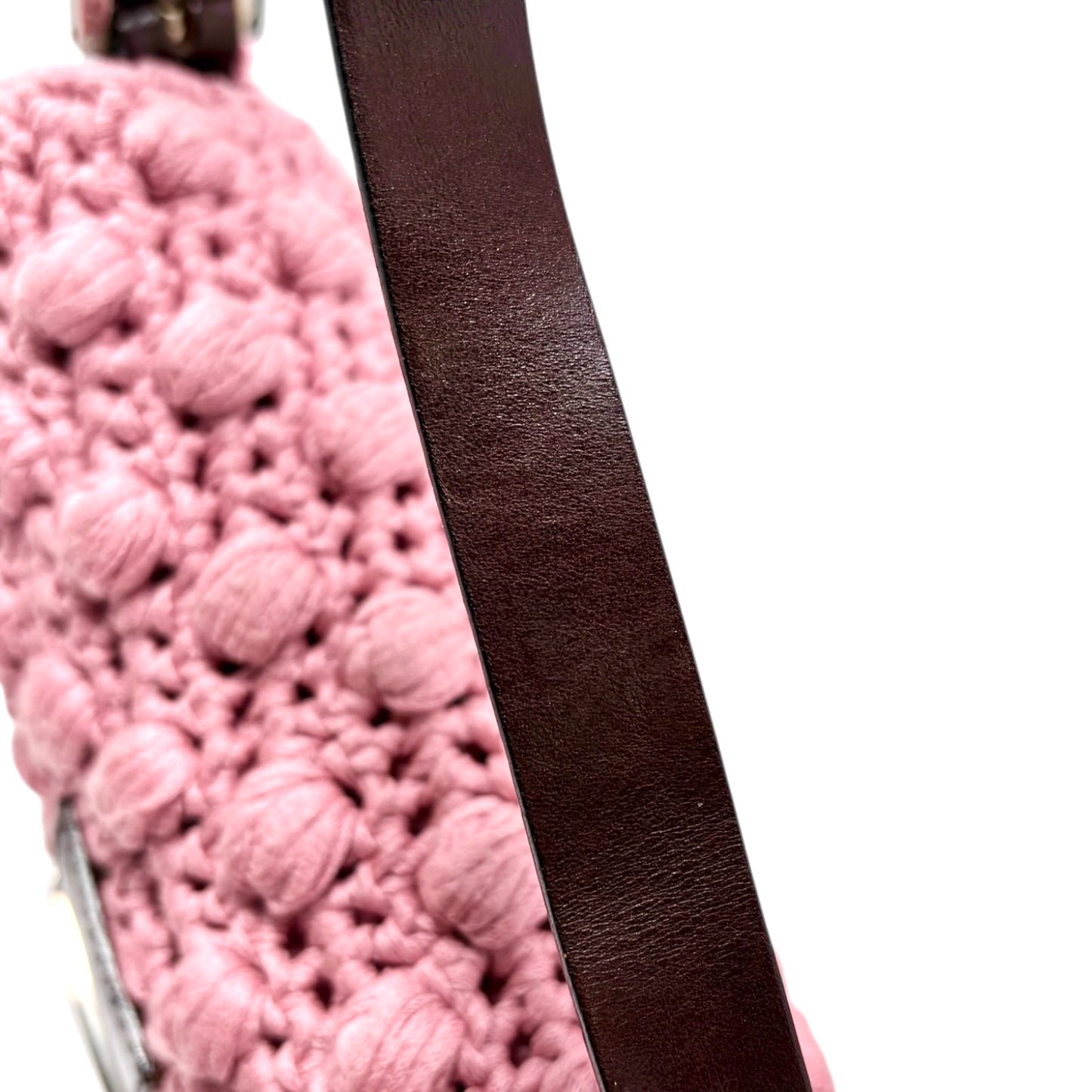 FENDI Vintage FF Logo Crochet Mamma Baguette Shoulder Bag Knit Pink Brown Wool