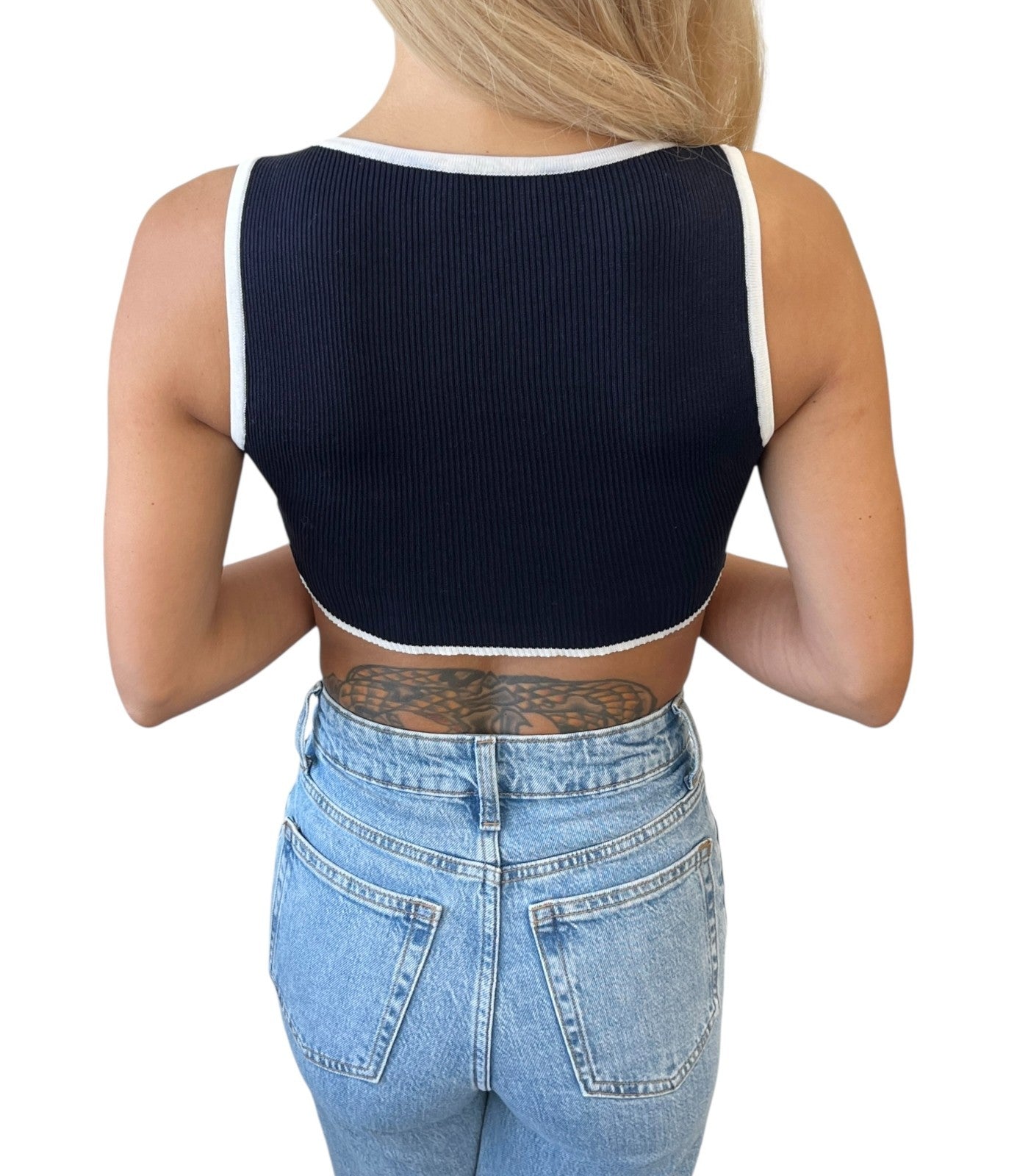 CHANEL Vintage 95P CC Button Ribbed Knit Cropped Tank Top #34 Dark Blue
