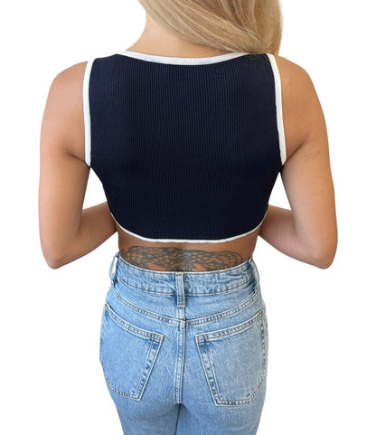 CHANEL Vintage 95P CC Button Ribbed Knit Cropped Tank Top #34 Dark Blue